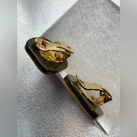 CHANEL Olive Green and Beige Camellia Earrings
